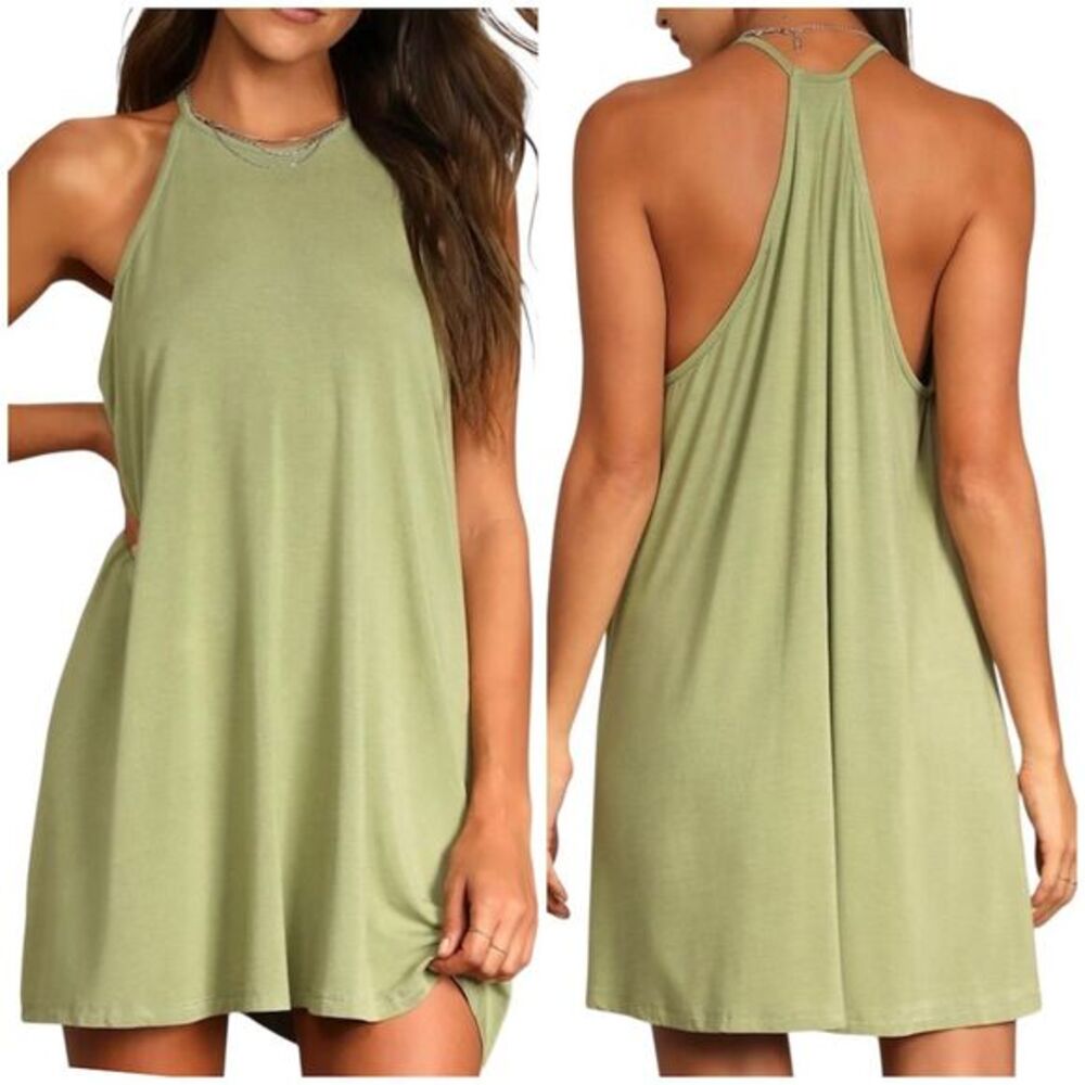 Lulus Women's Light Olive Sage Green Pullover Sleeveless Swing Shift Dress XL